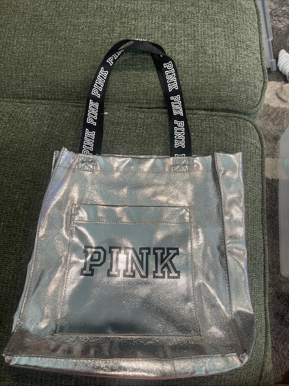 PINK Victoria's Secret Iridescent Silver Logo Tote-Mini
